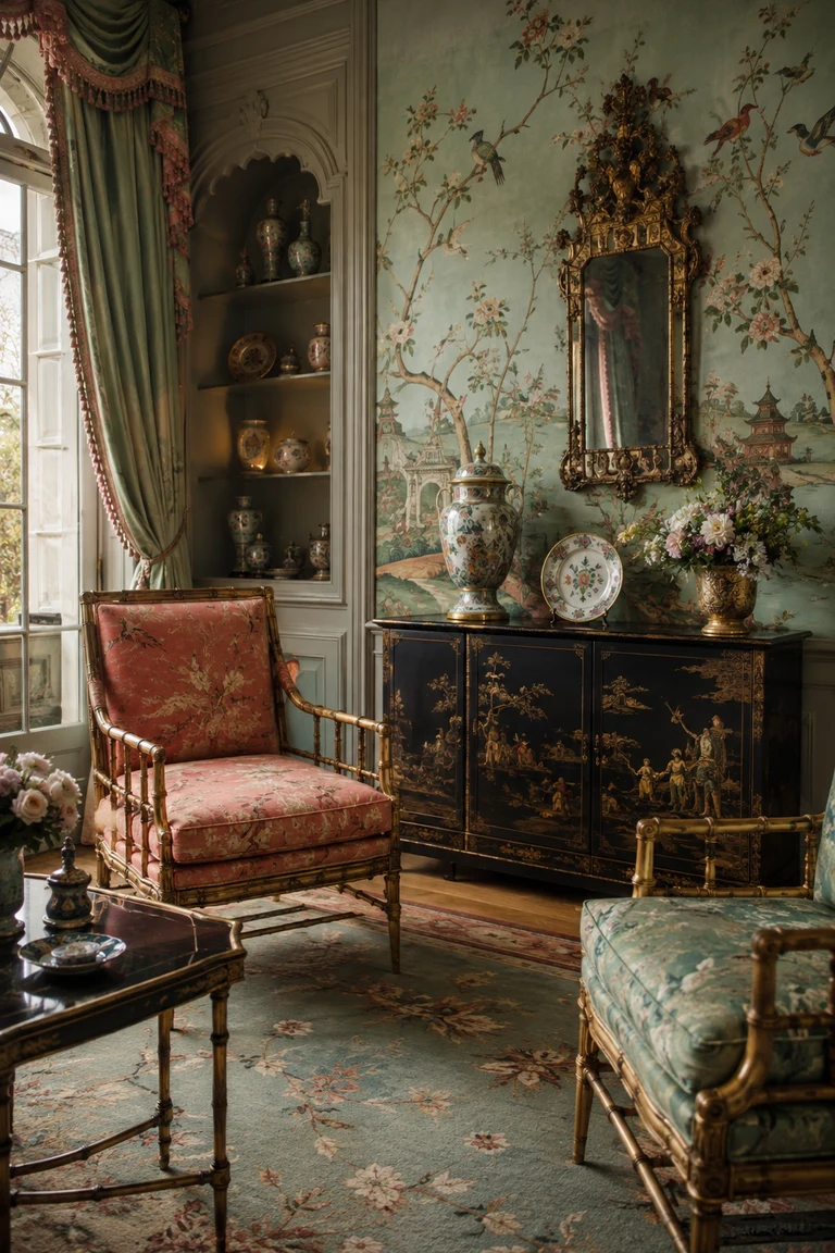 Refined Chinoiserie salon with celadon scenic wallpaper, flowering birds, a black lacquer cabinet, porcelain, gilt bamboo furniture, and coral silk.