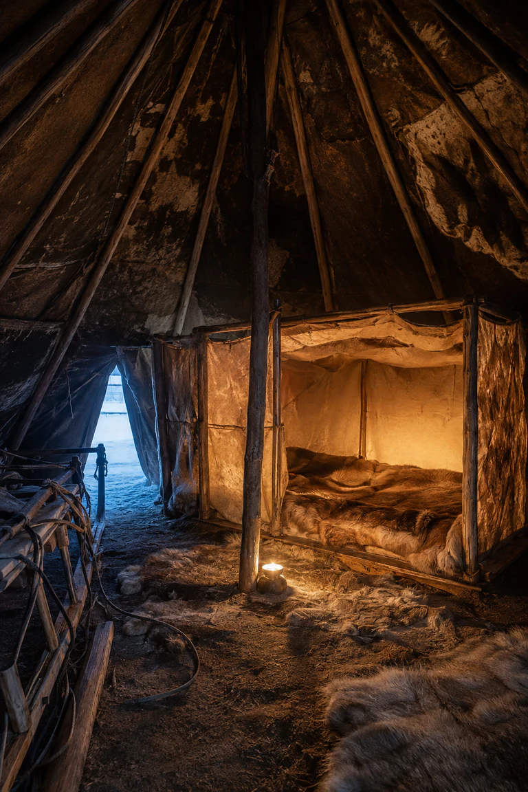 Photorealistic vertical Chukchi winter yaranga with a conical driftwood-pole and hide outer tent enclosing a glowing rectangular reindeer-hide polog, central lamp, sled gear, fur bedding, and snow-blue light at the entrance.