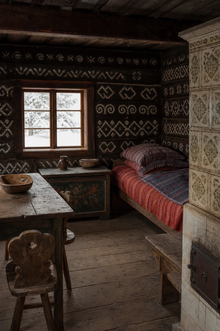 Photorealistic vertical Čičmany log-house room with precise white lime geometric painting on dark timber walls, tiled masonry stove, painted chest, red-and-blue woven bed linens, simple table, snowy window, and warm low light.