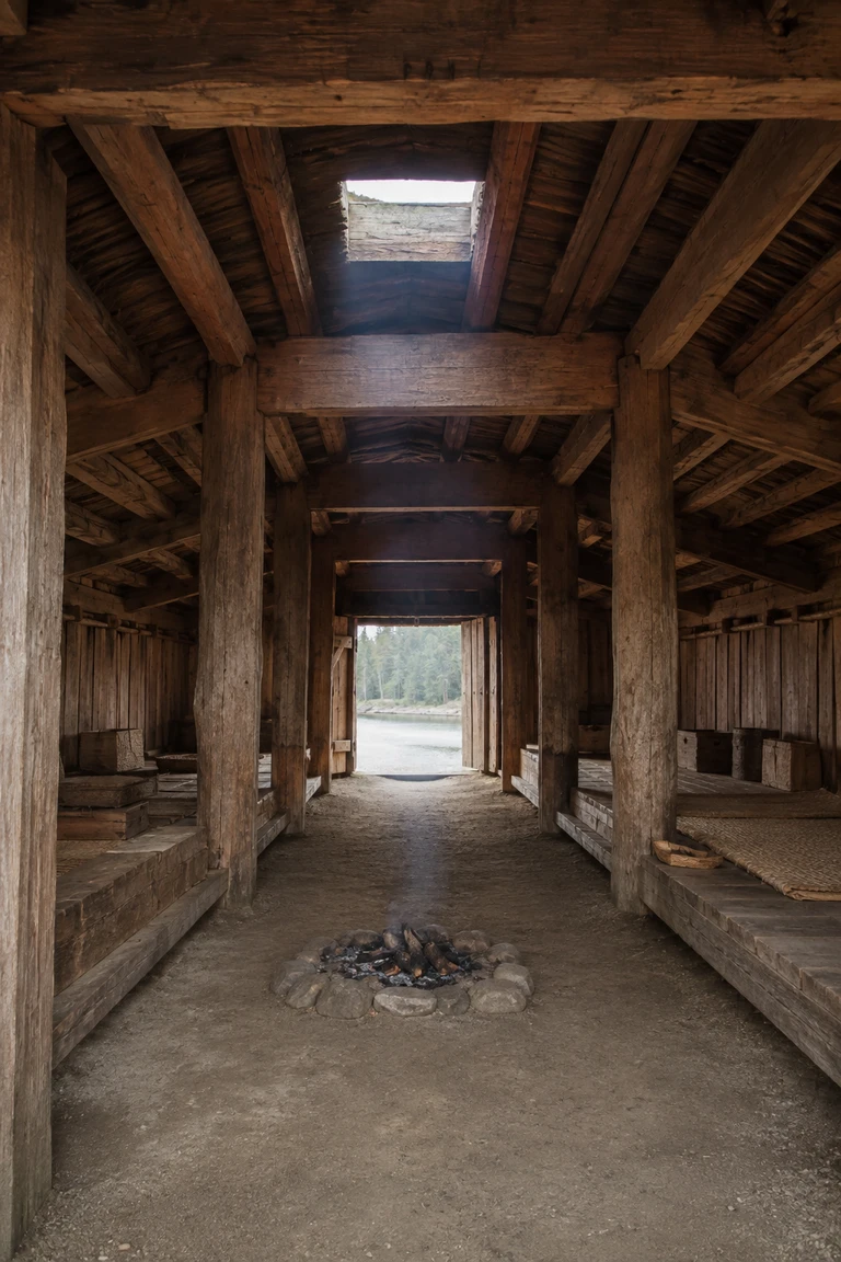 Historic Coast Salish winter plank-house interior with massive cedar posts and beams, split-plank walls, raised family platforms, an earthen central passage, modest hearth, woven mats, and cool Salish Sea daylight.