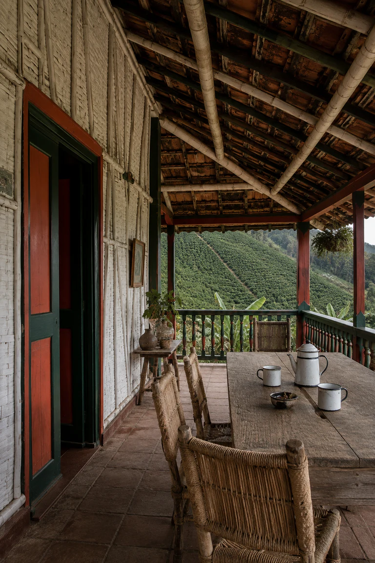 Photorealistic vertical Colombian coffee finca with white bahareque walls, coral and green doors, a clay-tiled corredor overlooking coffee fields, rustic timber table, fique chairs, potted plants, and warm highland daylight.