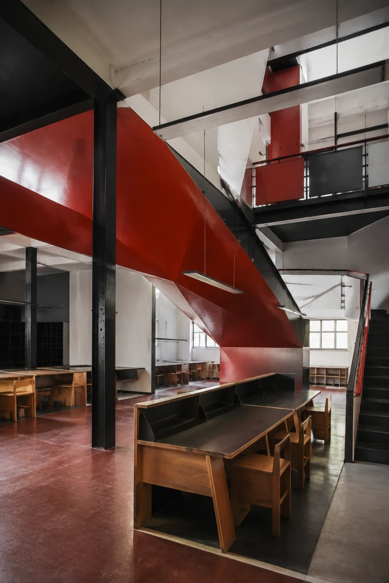 Constructivist workers-club interior with red diagonal planes, black steel frame, white plaster, plywood modular reading tables, stackable chairs, and linear lights.