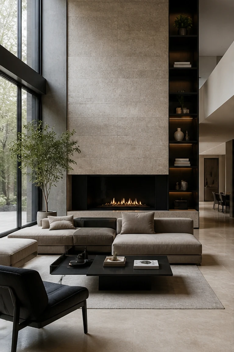 Contemporary room with large monolithic forms, integrated storage, and contrasting stone and timber.