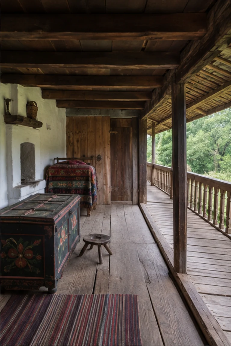 People-free photorealistic vertical Croatian Posavina house with elevated pegged-oak living room opening to a covered timber gallery, painted chest, bed, stove, woven blankets, ceramics, and soft Sava floodplain daylight.