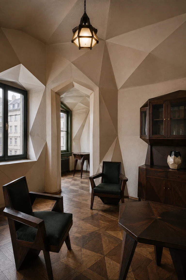 Czech Cubist salon with faceted cream plaster, dark walnut crystalline furniture, angular burgundy upholstery, geometric parquet, cut-glass lighting, and prismatic door frames.