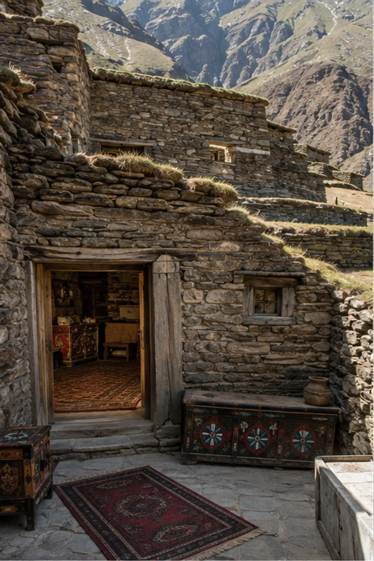 People-free photorealistic vertical Dagestani saklya with compact stone chambers stepped into a mountain slope, heavy timber beams and earth roof used as an upper terrace, narrow stair, wall benches, woven carpets, chests, vessels, and hard highland light.