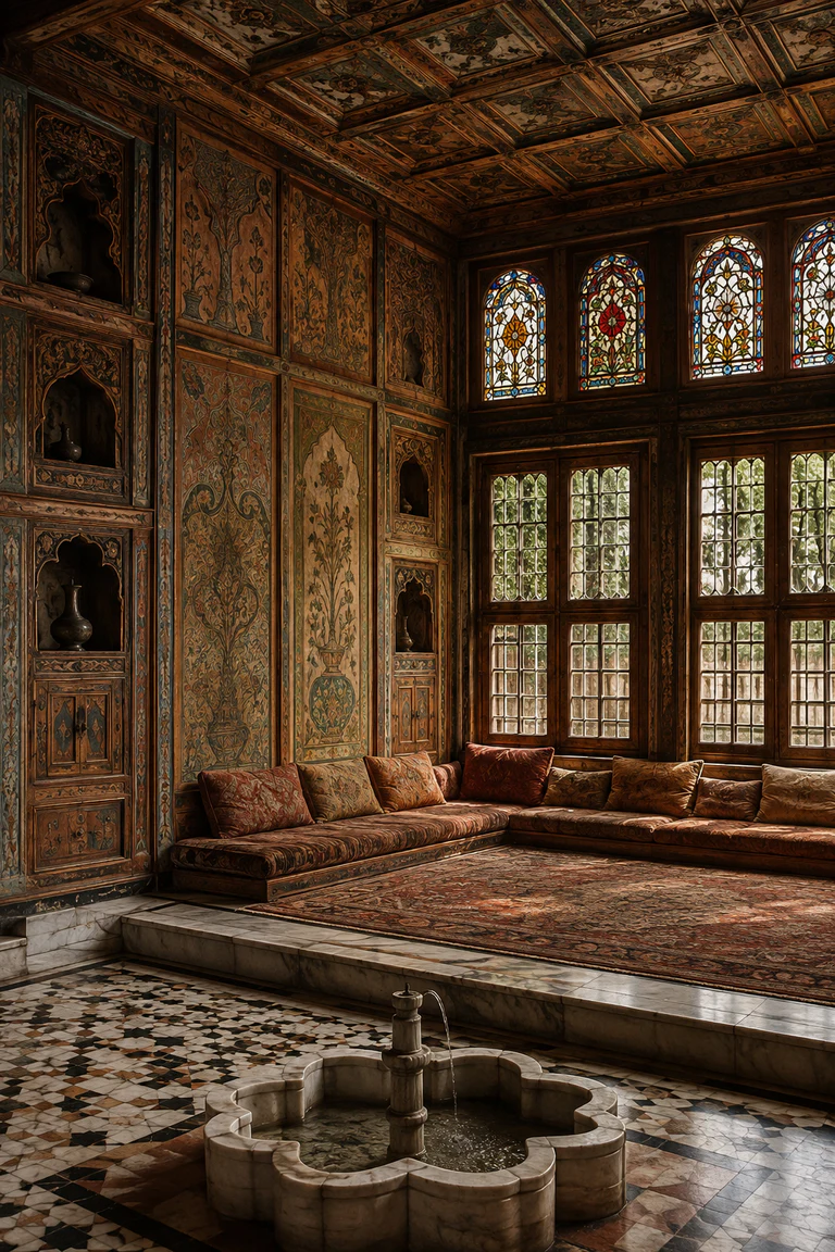 Photorealistic vertical Ottoman Damascene qāʿa with a marble lower ʿataba and fountain, a step to the carpeted tazar, aged polychrome ʿajami walls and ceiling, built-in niches, low silk divans, and filtered courtyard light.