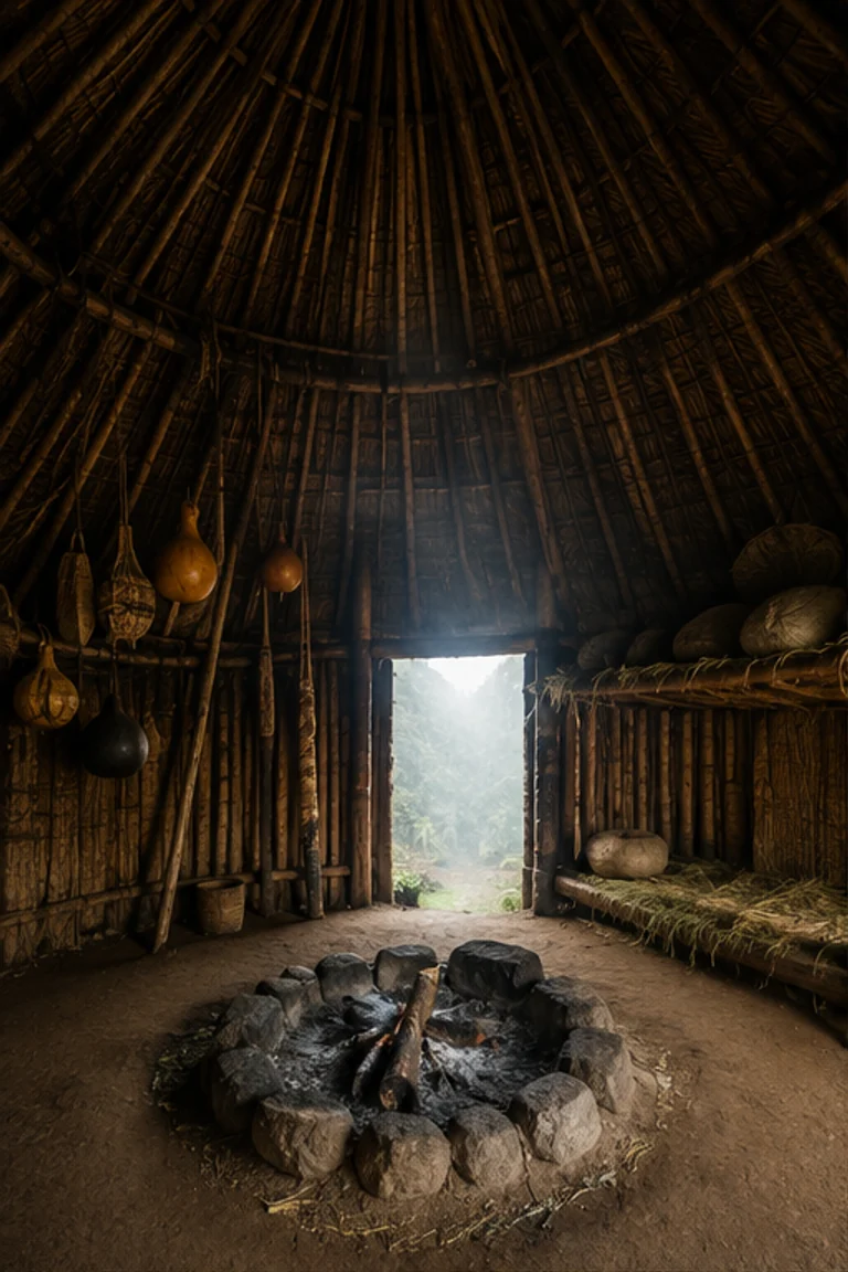 People-free photorealistic vertical Dani honai in the Baliem Valley with compact round timber walls, dense conical grass thatch, central hearth, raised sleeping shelf, woven mats, baskets, gourds, tools, and misty highland light at a low doorway.