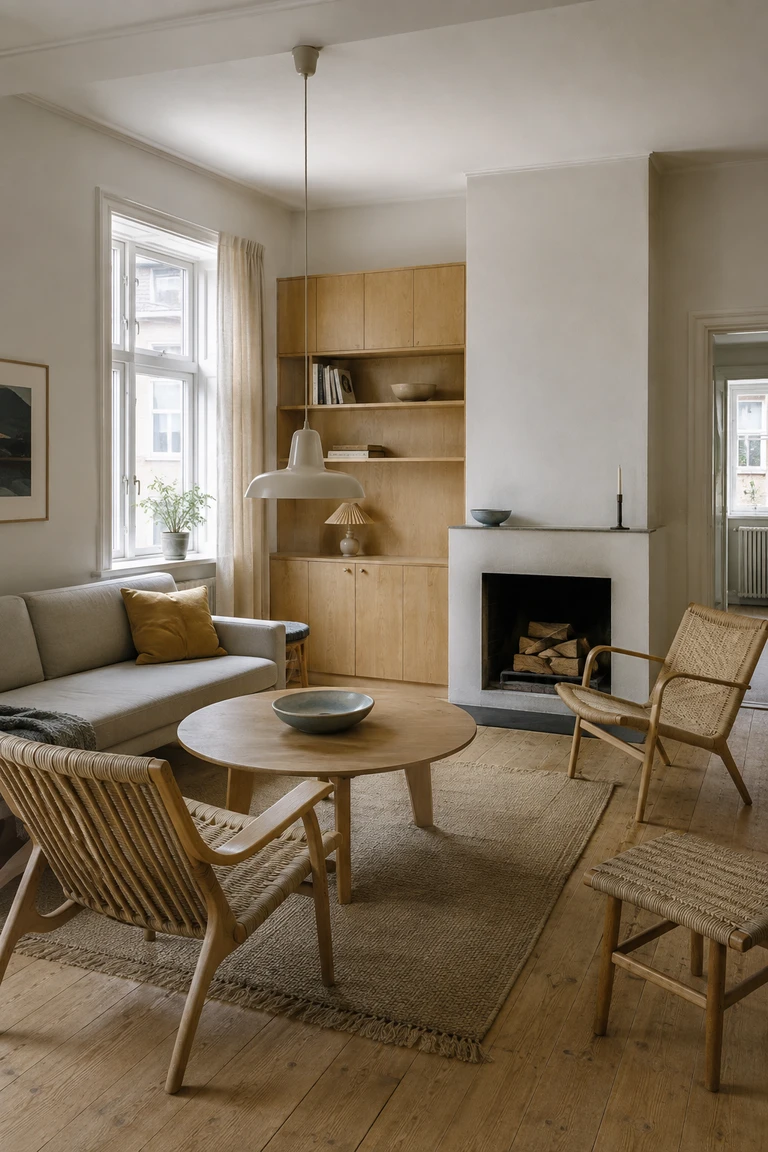 Danish functionalist living room with birch built-ins, woven-cord chairs, a compact plaster hearth, restrained wool upholstery, and soft northern daylight.
