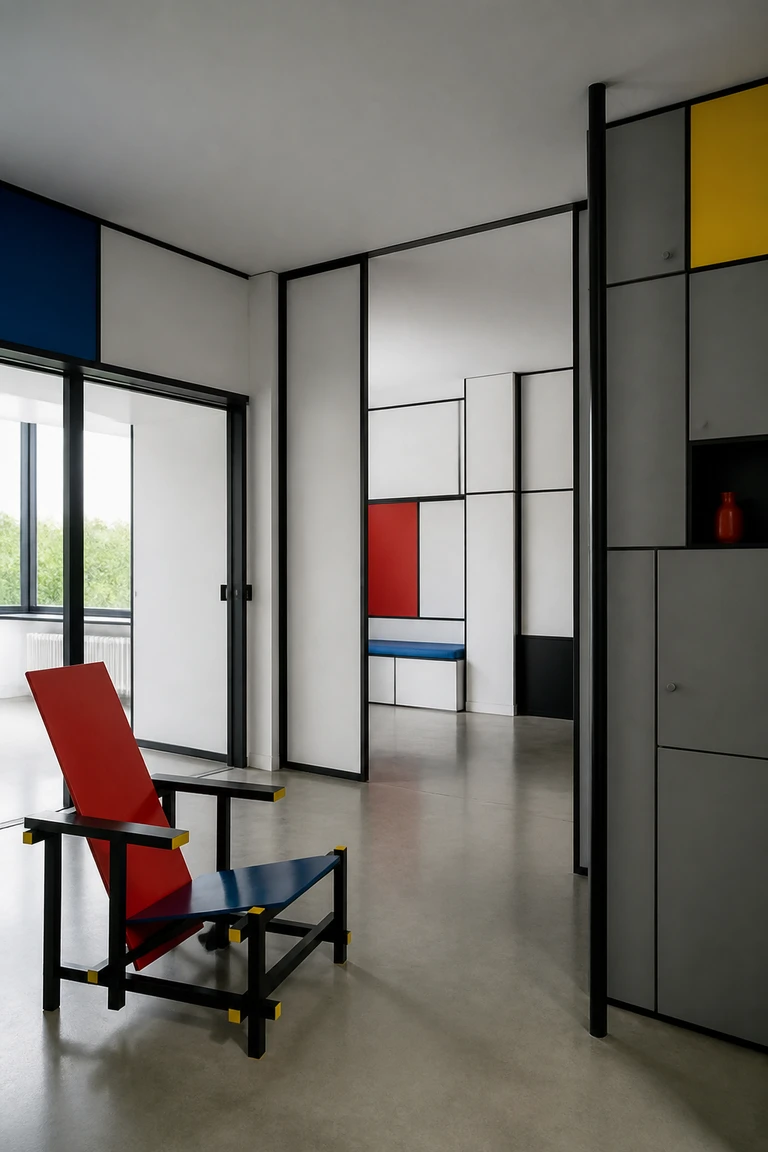 De Stijl interior with white and grey intersecting planes, black structural lines, red, blue and yellow panels, an angular slatted chair, and sliding partitions.