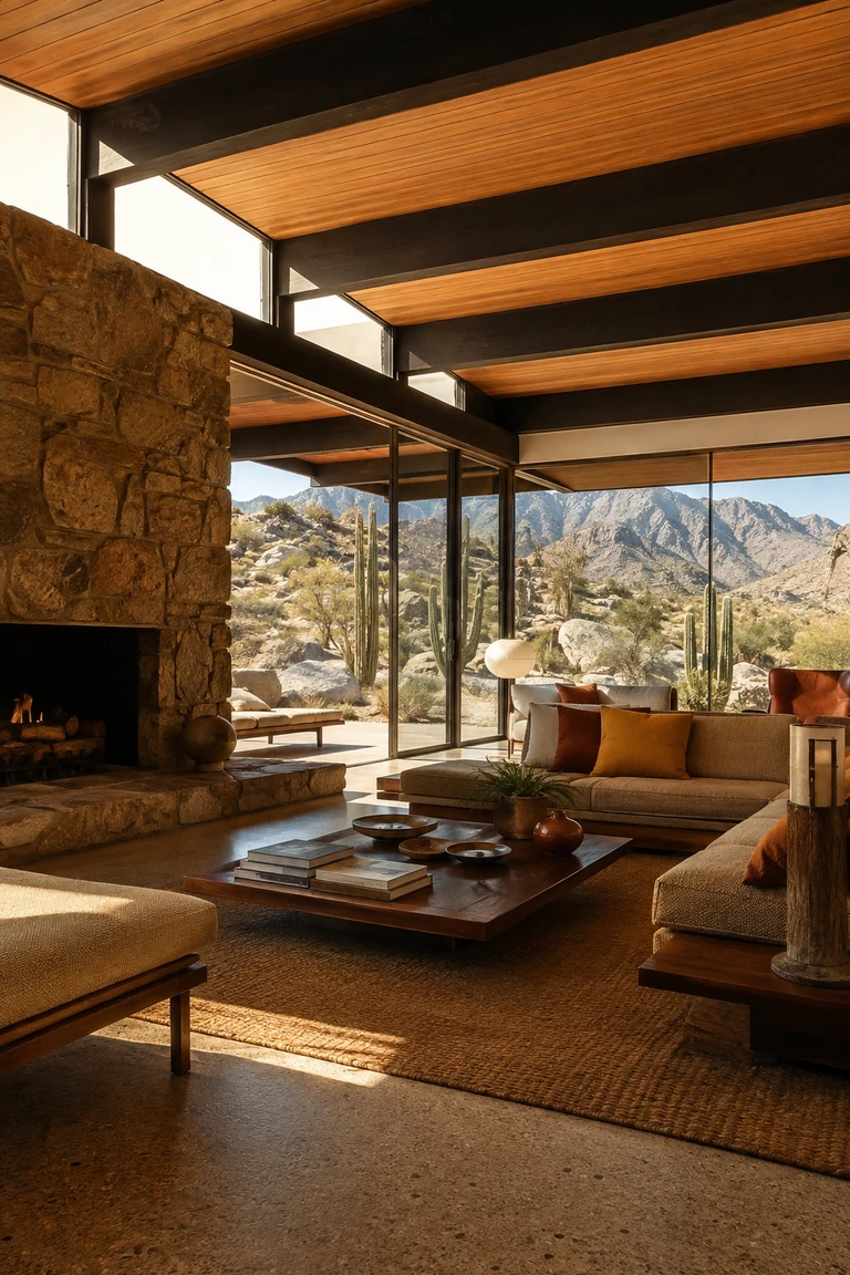 Desert modern living room with a post-and-beam ceiling, stone hearth, low walnut furniture, and mountain views through broad glazing.