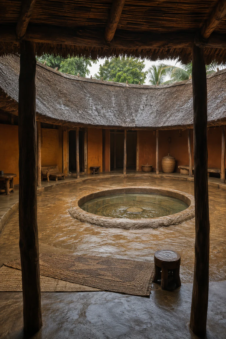 Photorealistic vertical Diola impluvium house in Casamance with an inward-sloping thatched roof draining to a central rain basin, shaded ring corridor, ochre earthen walls, timber posts, woven mats, baskets, and humid green light after rainfall.