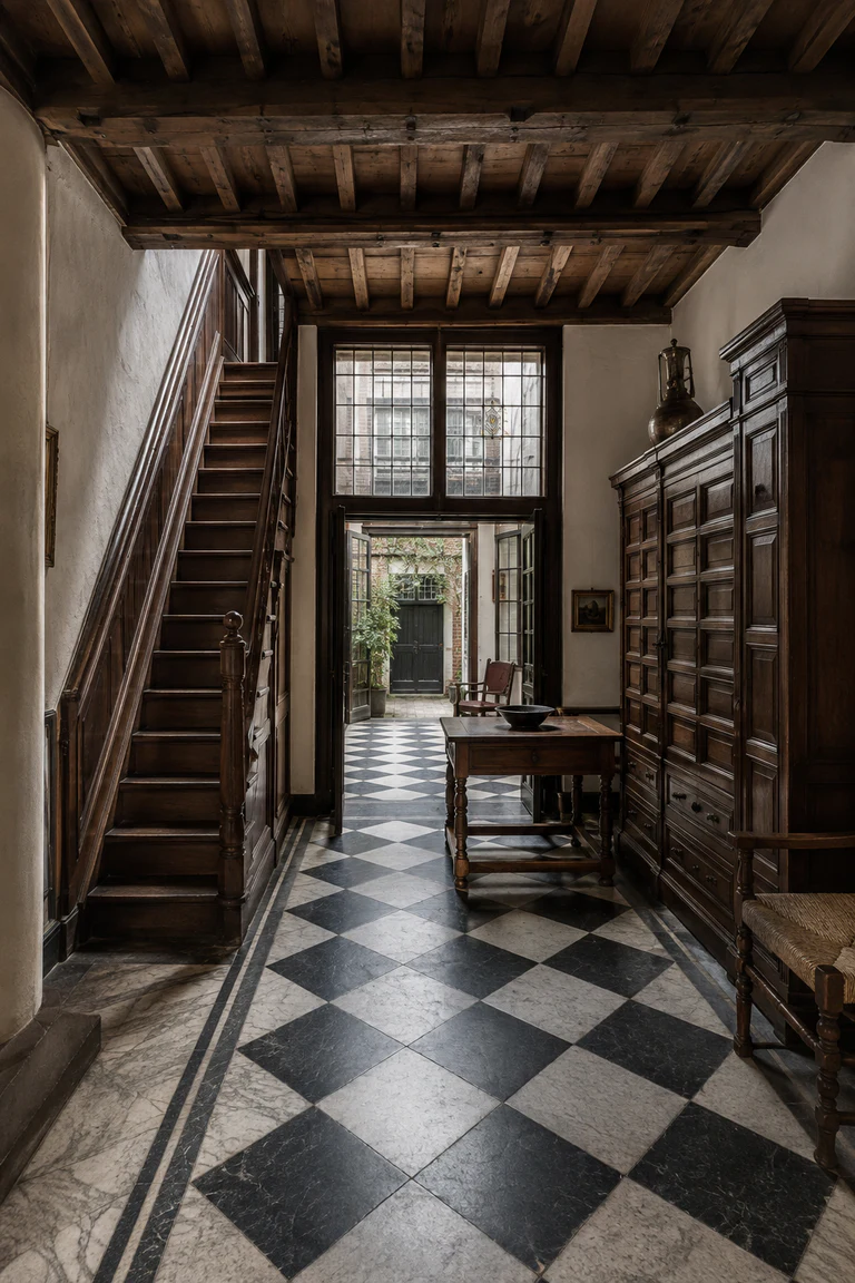 Photorealistic vertical seventeenth-century Amsterdam canal-house interior with a narrow deep plan, front reception aligned to a rear courtyard, steep enclosed stair, oak beam ceiling, black-and-white stone floor, walnut kas cabinet, and leaded windows.