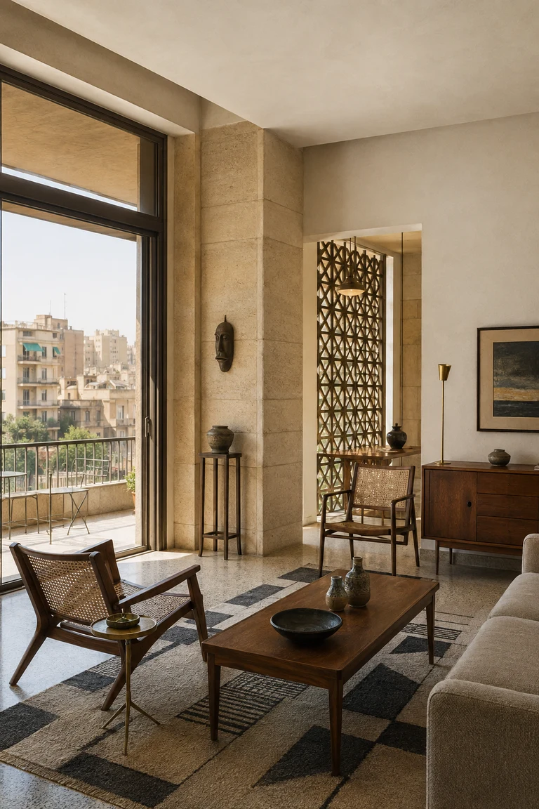 Egyptian modernist Cairo apartment with limestone, terrazzo, teak-and-cane chairs, brass lighting, an abstracted mashrabiya screen, geometric rug, and shaded balcony.