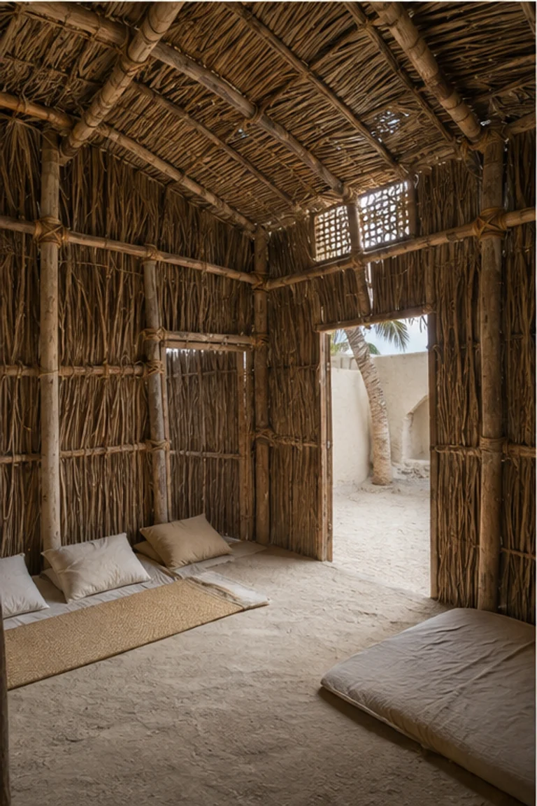Photorealistic vertical pre-oil Emirati arish room with woven date-palm walls, mangrove-pole roof, coir lashings, floor cushions, low chests, coffee vessels, patterned desert light, and a raised wind-catching vent above a shaded sandy court.