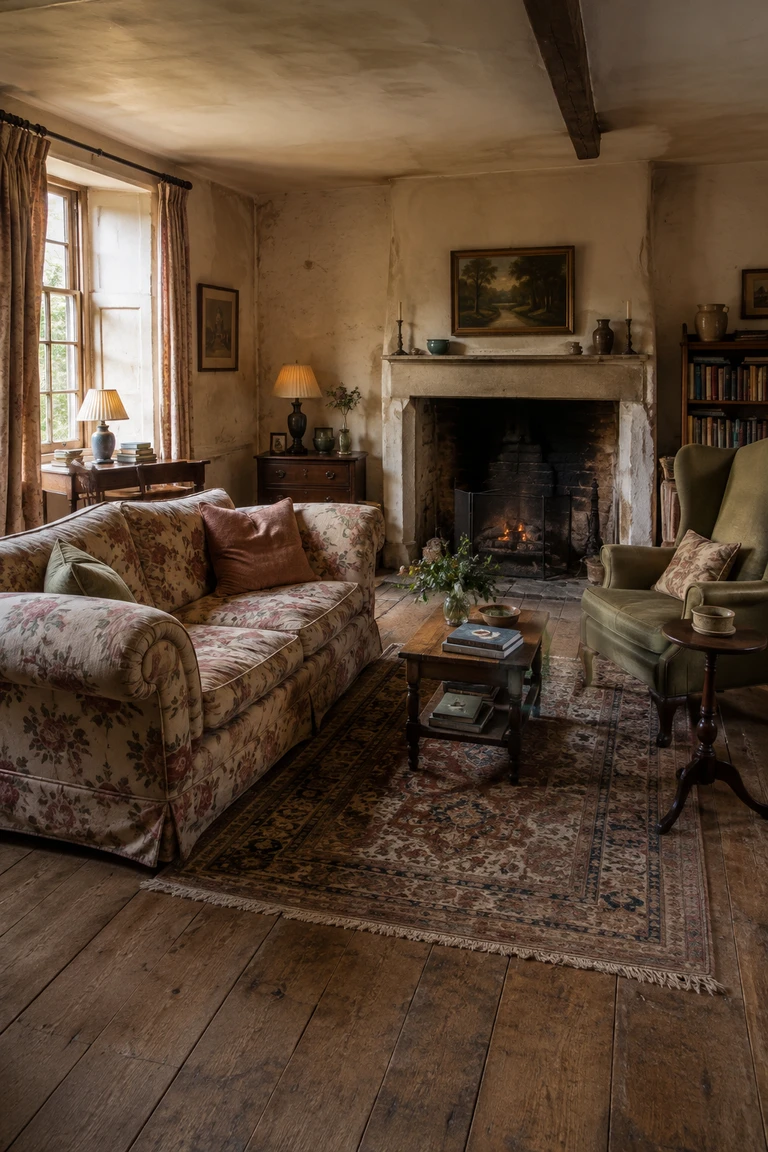 English country sitting room with a stone hearth, faded floral sofa, wing chair, books, shaded lamps, and an aged patterned rug.
