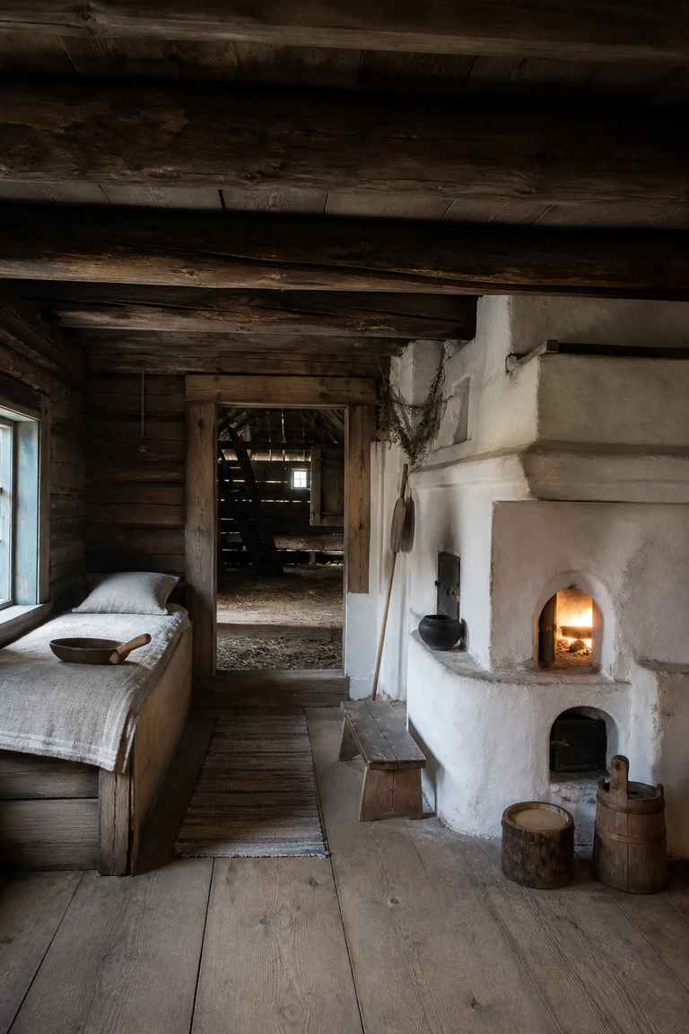 Photorealistic vertical Estonian barn-dwelling interior with a soot-darkened log ceiling, enormous pale masonry stove, rough plank floor, built-in sleeping bench, linen, simple vessels, and a doorway into the dim threshing bay.