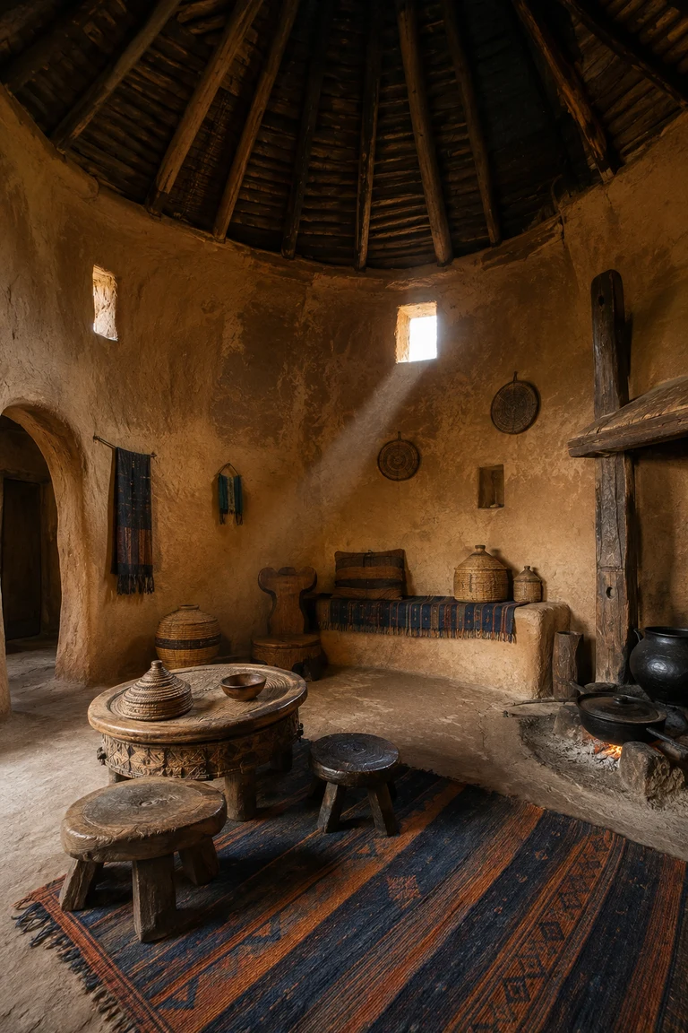 Ethiopian highland domestic room with curved ochre earth walls, eucalyptus pole roof, low carved stools, mesob basket table, indigo textiles, woven vessels, and a warm hearth.