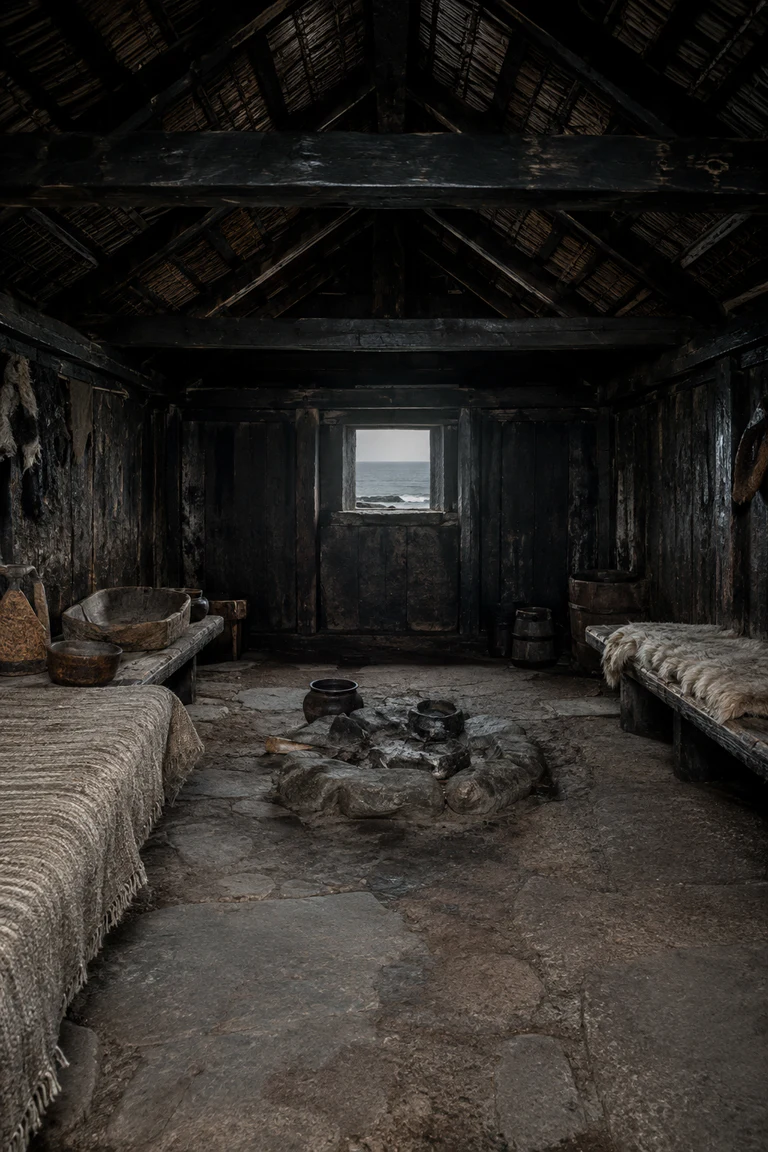Photorealistic vertical Faroese roykstova with blackened open rafters beneath a turf roof, central stone hearth without chimney, driftwood benches, wool cloth, carved vessels, thick timber walls, and one tiny salt-grey North Atlantic window.
