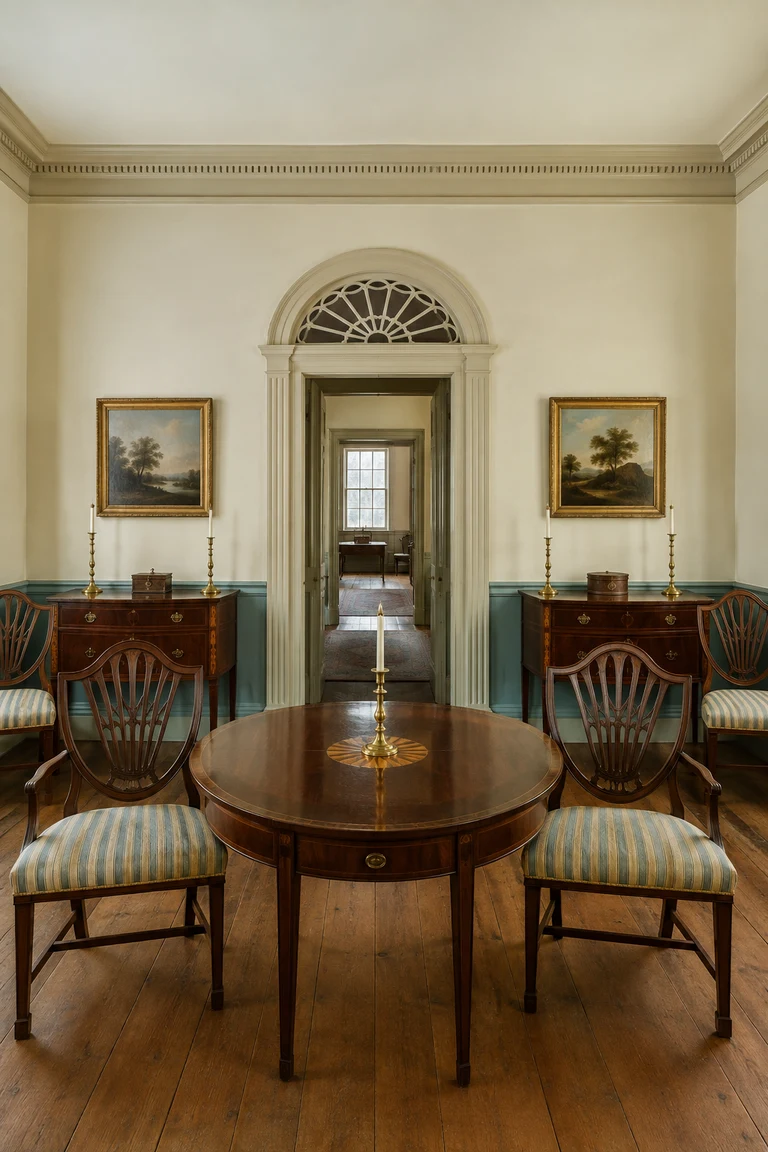 American Federal parlor with precise symmetry, cream and blue-green walls, elliptical fanlight, paired mahogany sideboards and shield-back chairs, and an inlaid oval table.