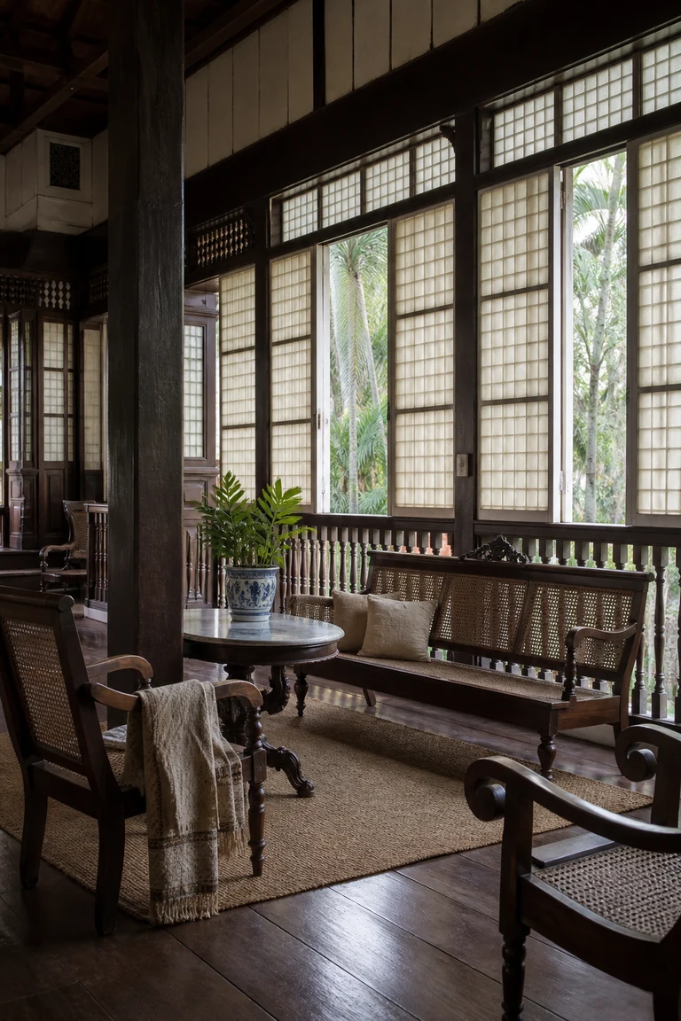 Filipino bahay na bato upper sala with tall dark hardwood structure, glowing capiz-shell windows and open ventanillas, cane settee and chairs, marble table, woven cloth, and tropical foliage.