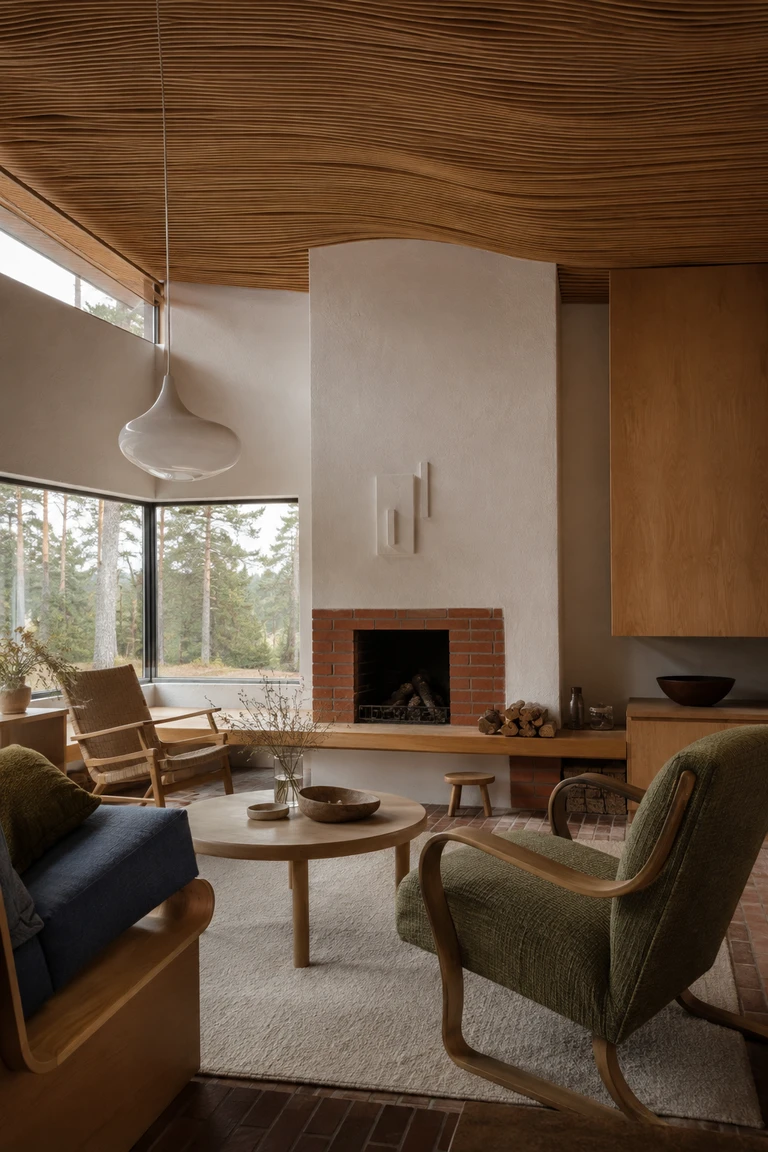 Finnish modernist living room with pale birch and bentwood furniture, a brick hearth, a wave-like timber ceiling, muted wool, and pine forest views.