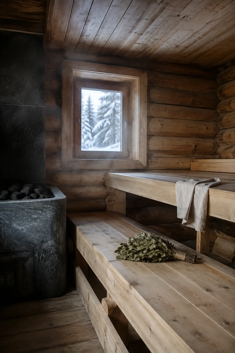 Finnish sauna with broad tiered pine benches, dark soapstone stove, a birch whisk and linen towel, softly steaming timber surfaces, and a small window onto snowy spruce forest.