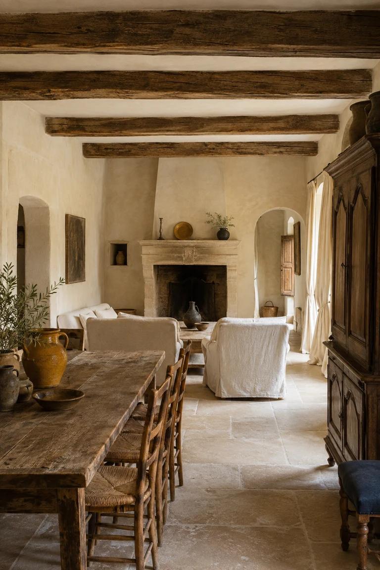 French country living and dining room with pale limestone, lime plaster, old oak beams, a farmhouse table, rush chairs, and relaxed linen seating.