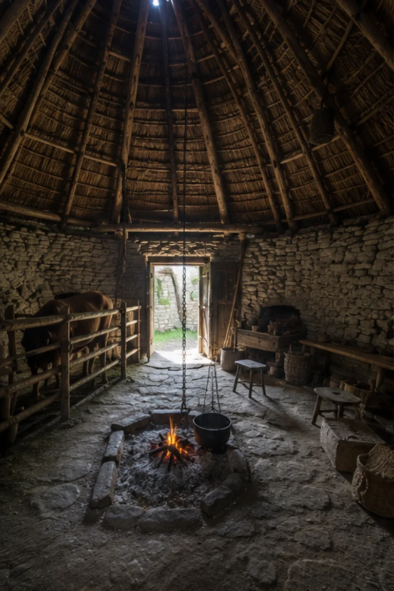 Photorealistic vertical Galician palloza with a low oval granite wall, enormous continuous rye-straw roof, central hearth, family benches and sleeping area, low partition toward livestock, storage racks, and cool mountain doorway light.