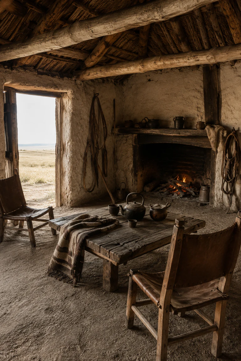 Photorealistic vertical gaucho rancho on the Río de la Plata pampas with adobe walls, exposed eucalyptus poles, thatch, packed-earth floor, compact hearth, rawhide chairs, low timber table, wool poncho, mate vessels, saddle gear, and golden doorway light.