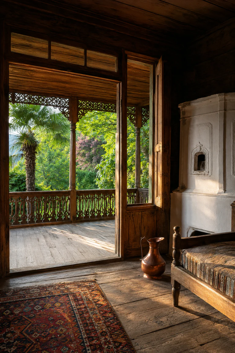 Photorealistic vertical western Georgian oda house opening from a chestnut-boarded room to a broad carved veranda, with fretwork balustrade, ceramic stove, timber daybed, kilim, copper vessels, and a lush garden.
