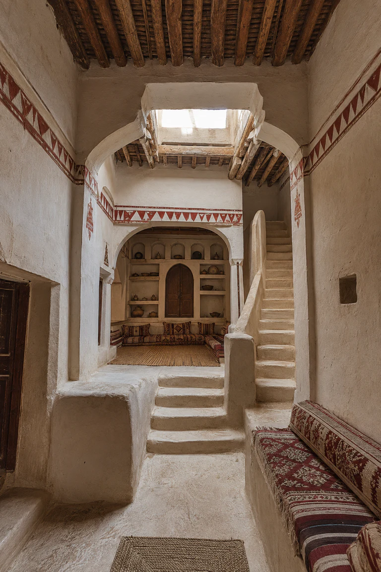 Photorealistic vertical Ghadames house with a whitewashed ground passage rising to a family room of built-in gypsum shelves, palm-beam ceiling, red geometric bands, roof light, woven cushions, and stair toward women’s roof terraces.