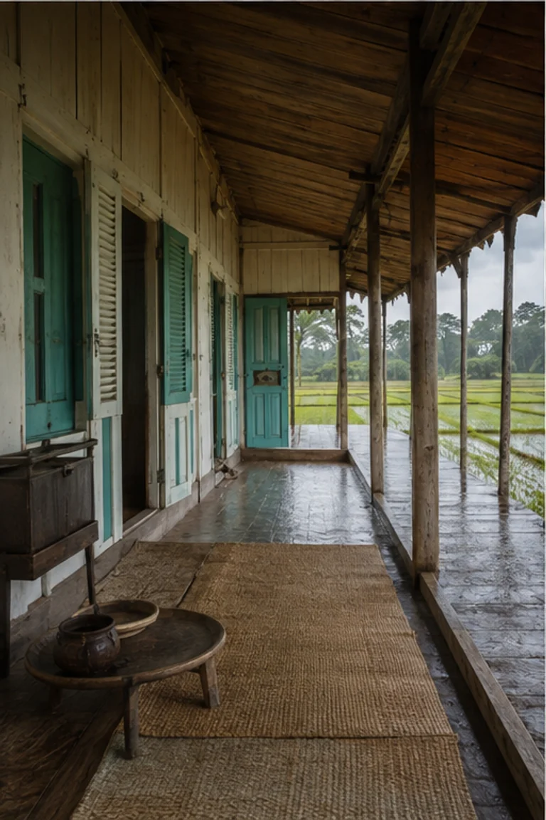 People-free photorealistic vertical Gilaki rural house in northern Iran with raised timber rooms, broad wraparound gallery, steep clay-tile roof, painted shutters, floor cushions, low table, woven mats, baskets, and rain-bright Caspian rice-field light.
