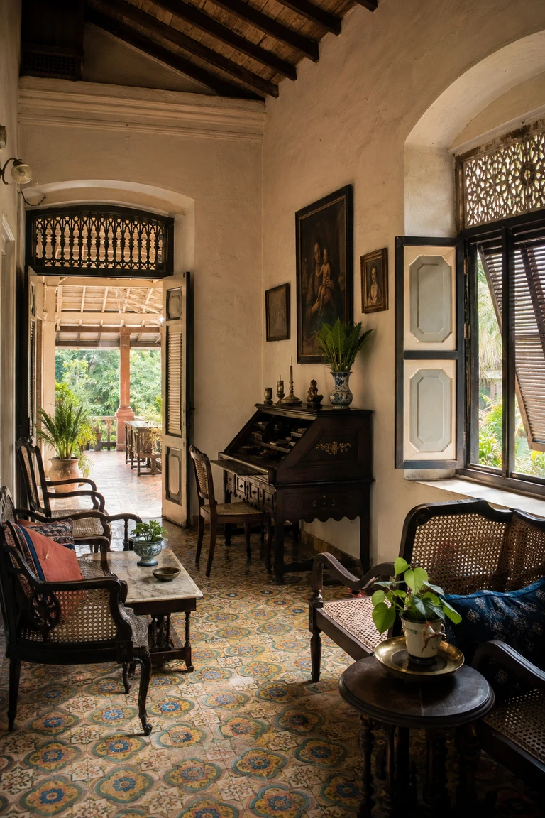 Goan Indo-Portuguese salon with limewashed walls, louvered and patterned openings, carved rosewood and cane furniture, escritoire, geometric tile, indigo textile, and shaded veranda.