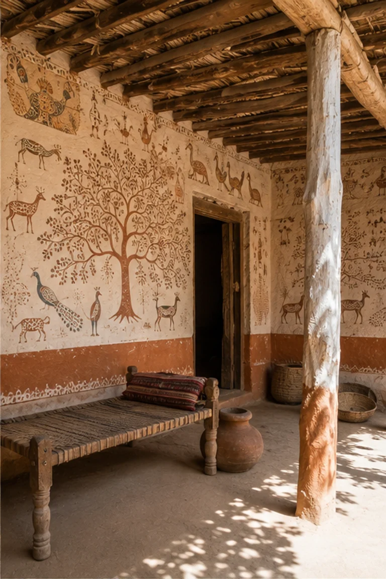 People-free photorealistic vertical Gond house in central India with warm earthen walls covered in fine dotted animal, tree, and bird murals, shaded veranda threshold, charpoy, baskets, clay jars, work tools, and soft daylight.