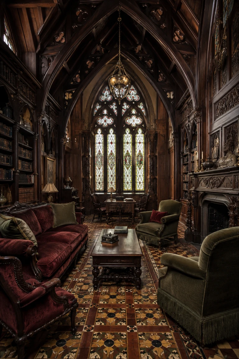 Gothic Revival library salon with pointed carved oak arches, leaded stained glass, encaustic tile, oxblood velvet, moss upholstery, and brass light.