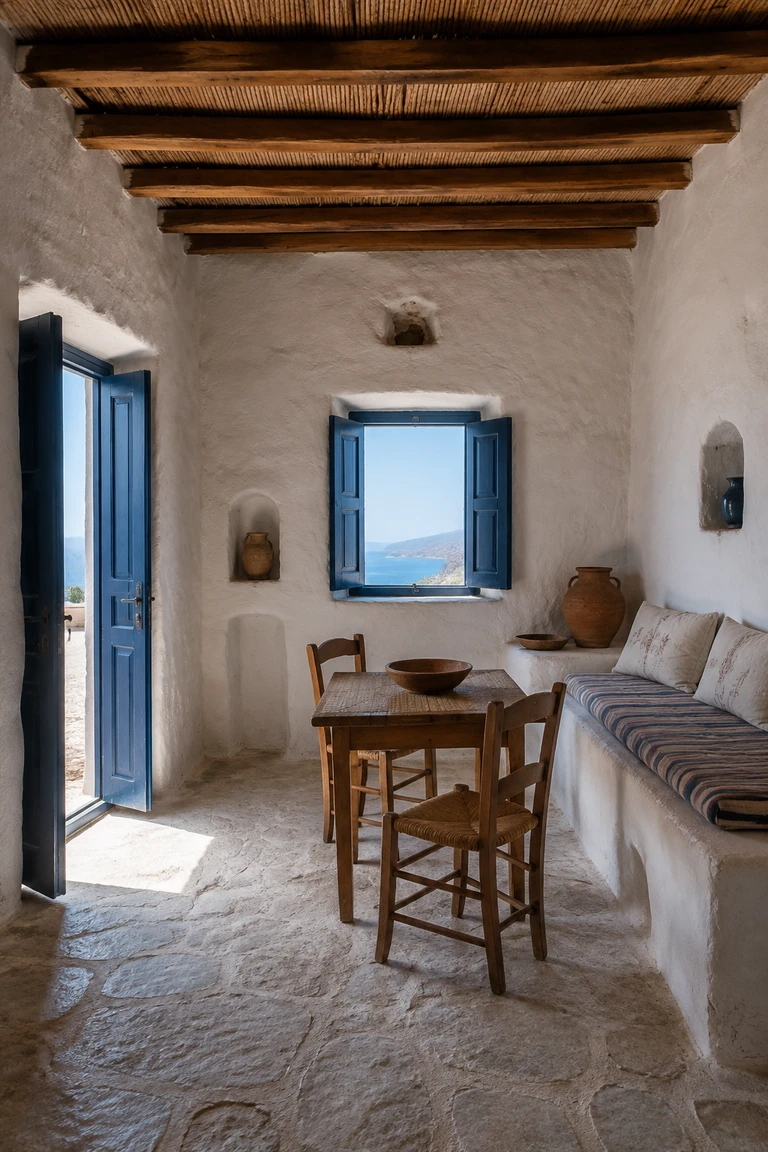 Greek island vernacular room with rounded limewashed walls, cobalt shutters and door, rough stone floor, reed ceiling, built-in bench, and rush chairs.