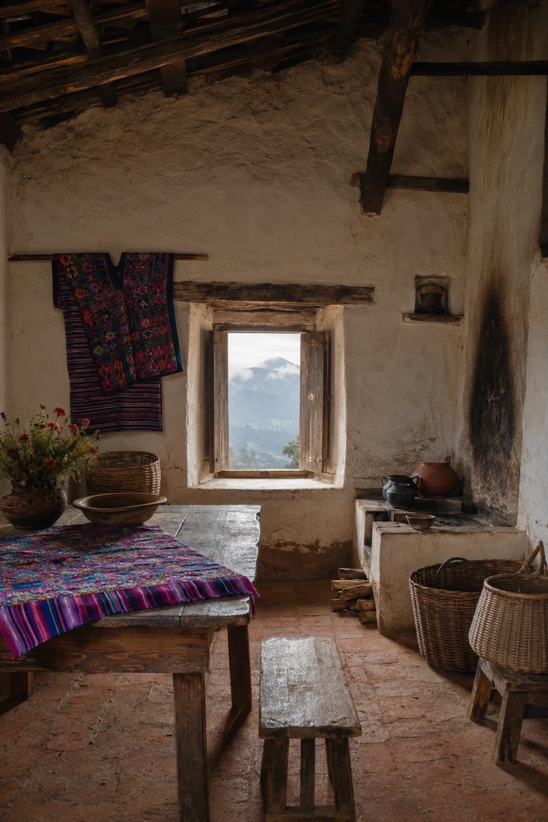 Guatemalan highland room with limewashed adobe, dark timber roof, a simple masonry hearth, worn plank table and benches, baskets, clay pots, vivid Maya weaving, and a misty volcano view.