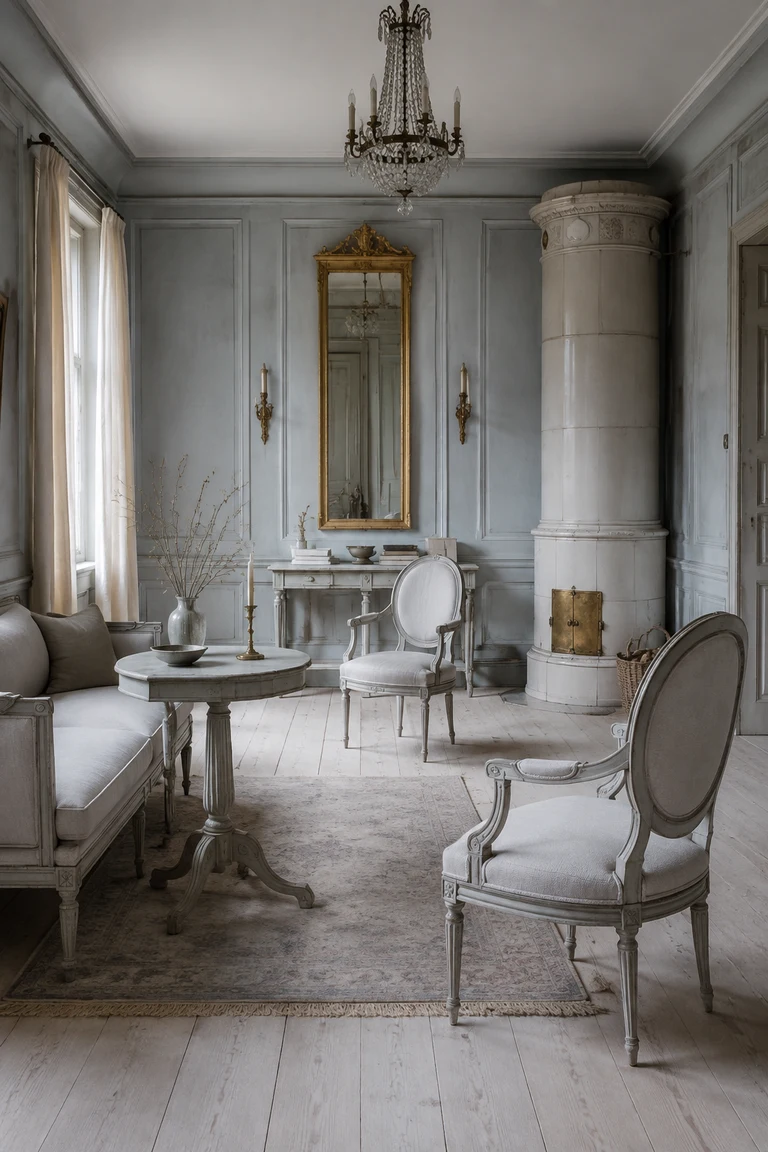 Quiet Gustavian salon with chalky grey-blue panelling, painted oval-backed chairs, pale timber floors, a gilded mirror, and a tall ceramic stove.