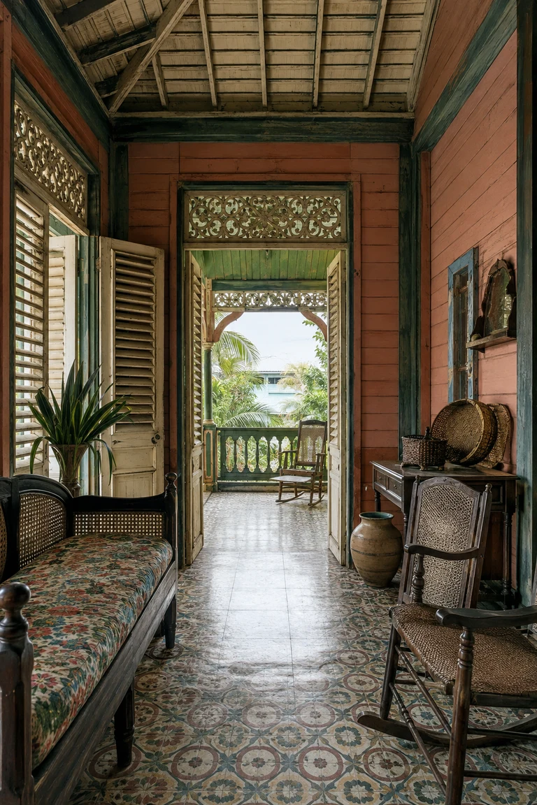 Haitian Gingerbread salon with tall coral and green timber walls, intricate pierced fretwork, louvered veranda doors, cane seating, patterned cement tile, and tropical filtered light.