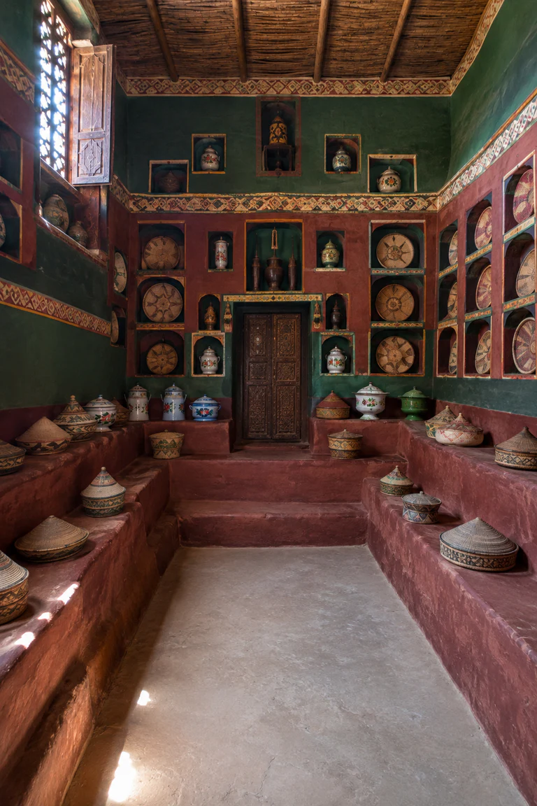 Photorealistic vertical Harari gey gar reception room with tiered built-in earthen seating, saturated red and green walls, dense symmetrical niches filled with baskets and enamelware, a central open floor, carved timber door, and high filtered daylight.