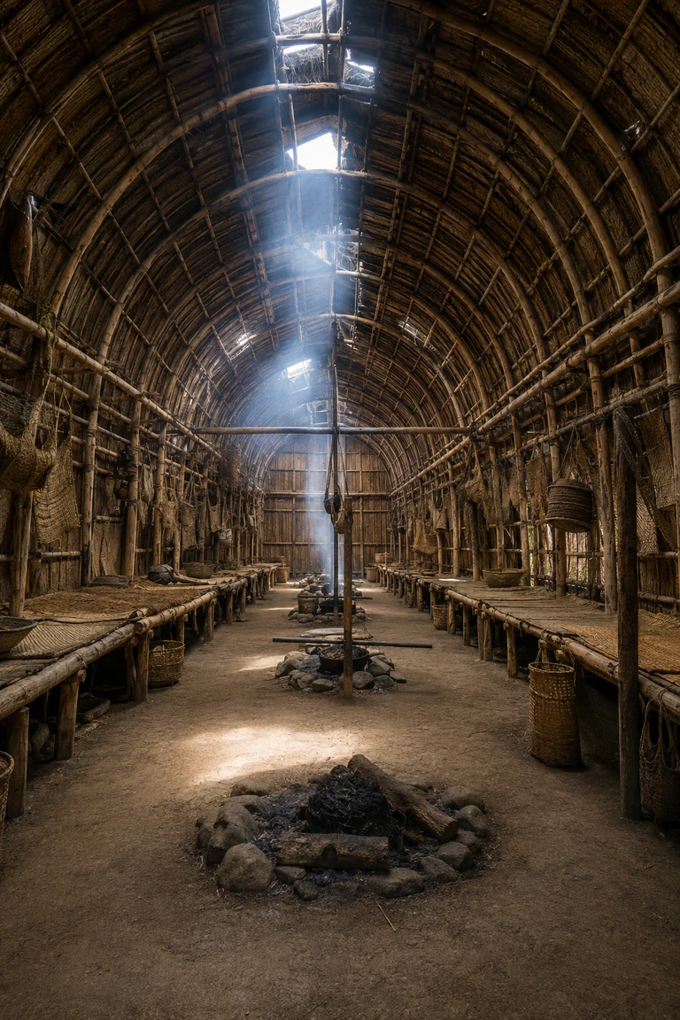 Photorealistic vertical Haudenosaunee bark longhouse with repeated bent-sapling bays, a central aisle and paired hearths, raised family sleeping platforms, woven mats, splint baskets, overhead storage, and soft smoke below roof vents.