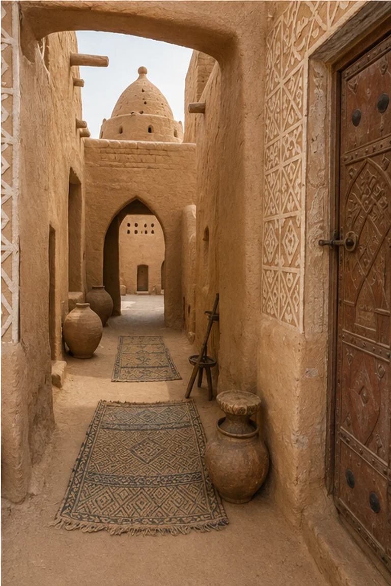 People-free photorealistic vertical Hausa gida in northern Nigeria with bent earthen entrance leading to nested sunlit courts, domed family room, modelled relief plaster, carved door, built-in ledges, woven mats, stools, storage jars, and baskets.