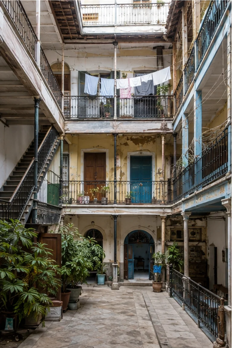 People-free photorealistic vertical Havana solar with stacked iron-and-timber galleries around a bright shared court, small family rooms, open stair, communal washing area, improvised mezzanine, layered paint, patterned tile, plants, and visible repairs.