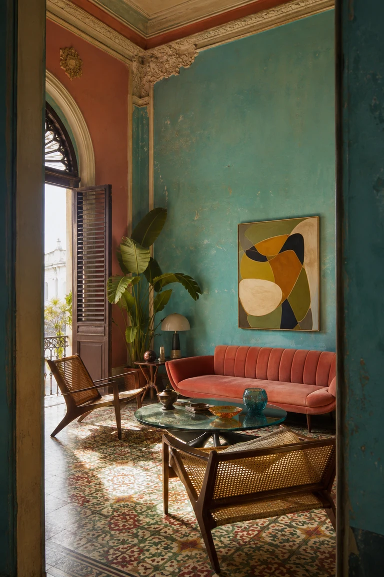 Havana tropical eclectic salon with weathered turquoise and coral walls, tall timber jalousies, patterned tile, cane chairs, curved mid-century sofa, tropical leaves, and coloured glass.