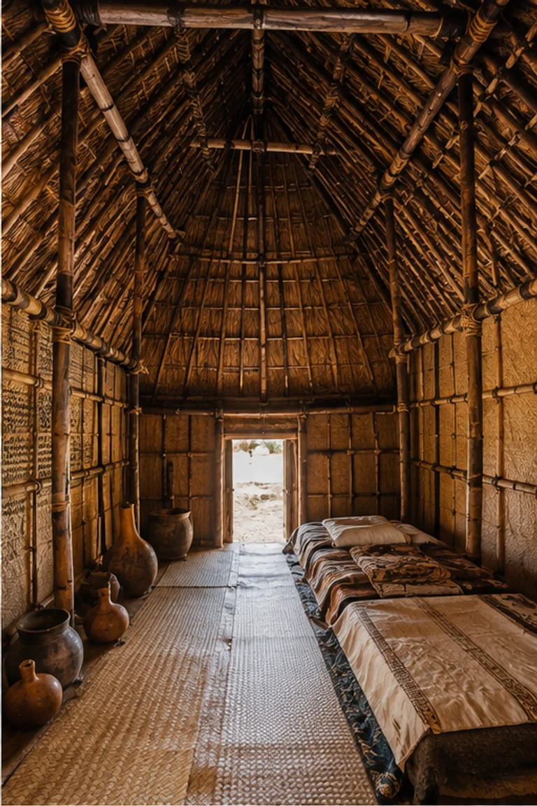 People-free photorealistic vertical Hawaiian hale pili with finely lashed native-timber frame, dense pili-grass walls and roof, lauhala mats, patterned kapa bedding, gourds, baskets, low supports, and warm island light at a small doorway.