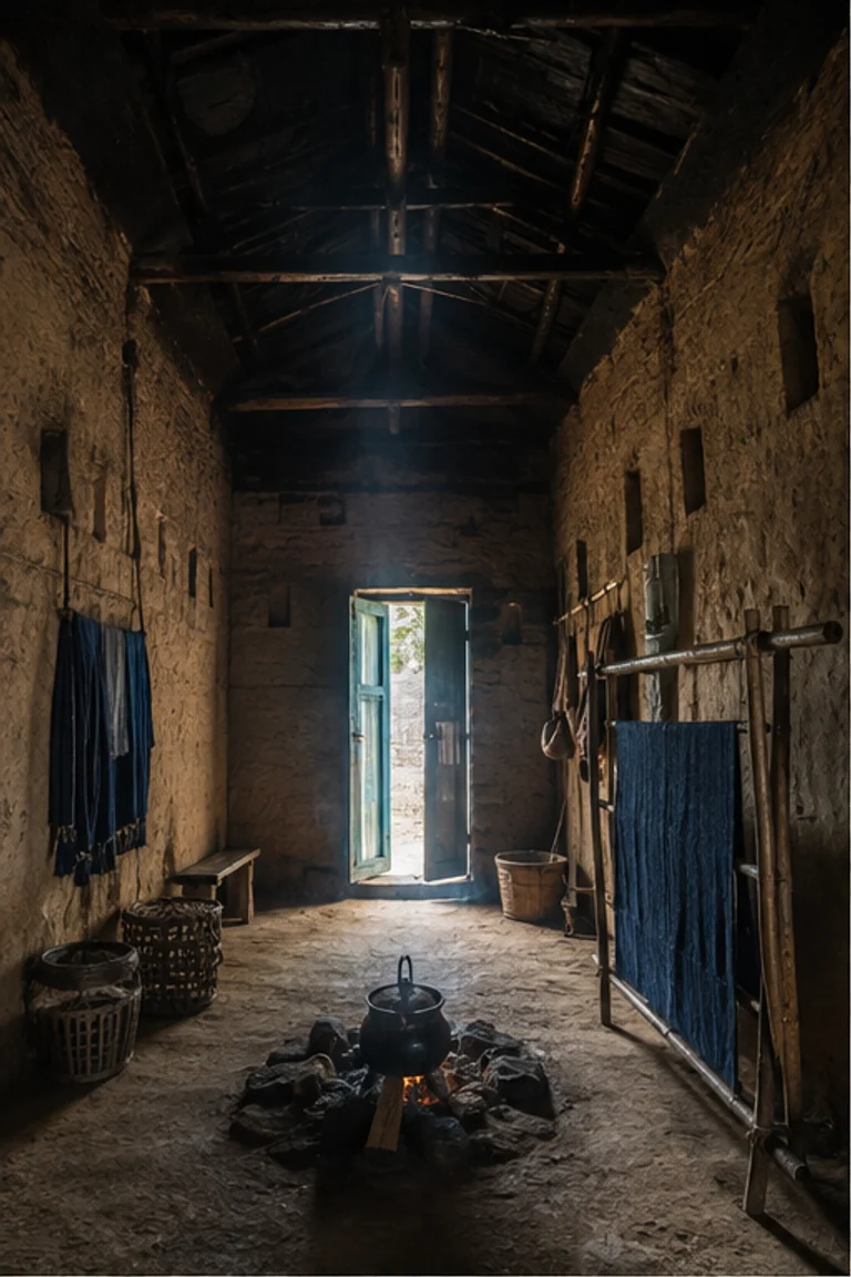 People-free photorealistic vertical Hmong upland house with thick rammed-earth walls, stone footing, smoke-darkened timber roof, central hearth, low stools, storage chests, baskets, indigo hemp cloth, and cool mountain doorway light.