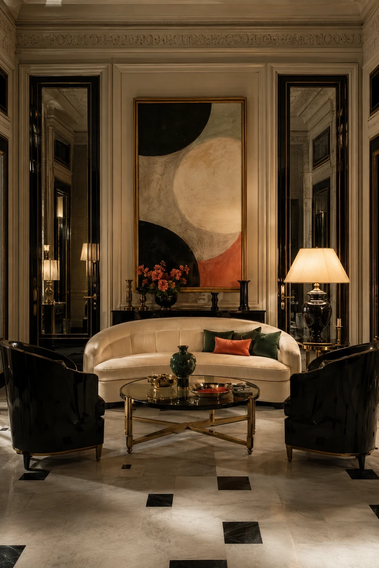 Hollywood Regency salon with an ivory curved sofa, black lacquer chairs, mirrored doors, brass tables, marble, and a large abstract painting.