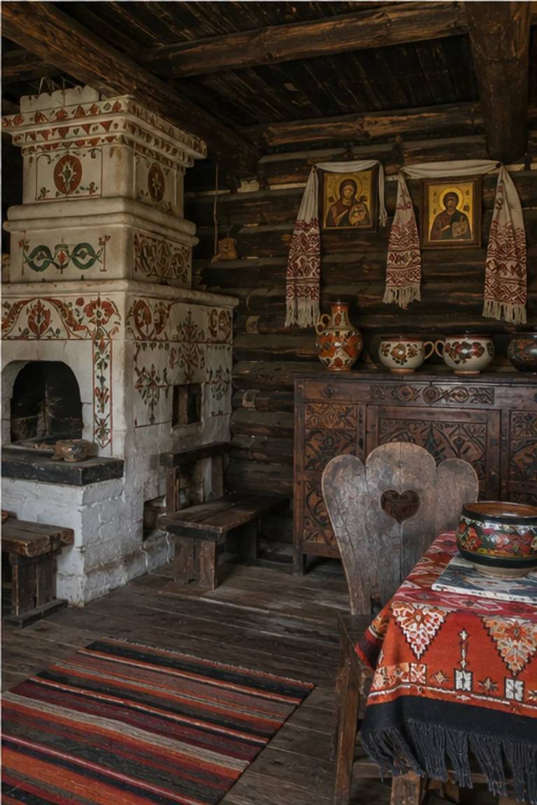 Photorealistic vertical Hutsul grazhda room in the Ukrainian Carpathians with dark spruce logs, decorated masonry stove, carved chests and benches, icon corner, red-orange woven wool, painted ceramics, embroidered linen, and cold light from a small window.