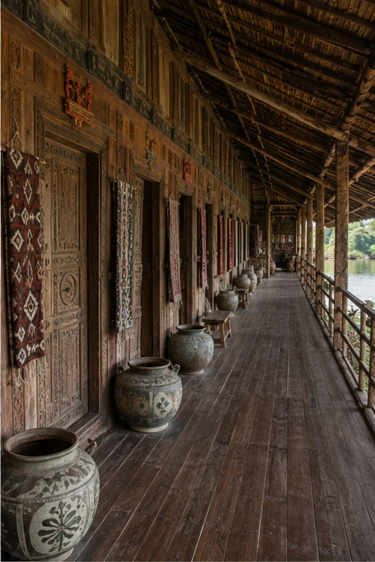 Photorealistic vertical Iban longhouse on Borneo with a continuous timber ruai gallery, repeated family bilik doors, woven mats, pua kumbu textiles, heirloom ceramic jars, rattan baskets, low benches, and humid river daylight along the open edge.